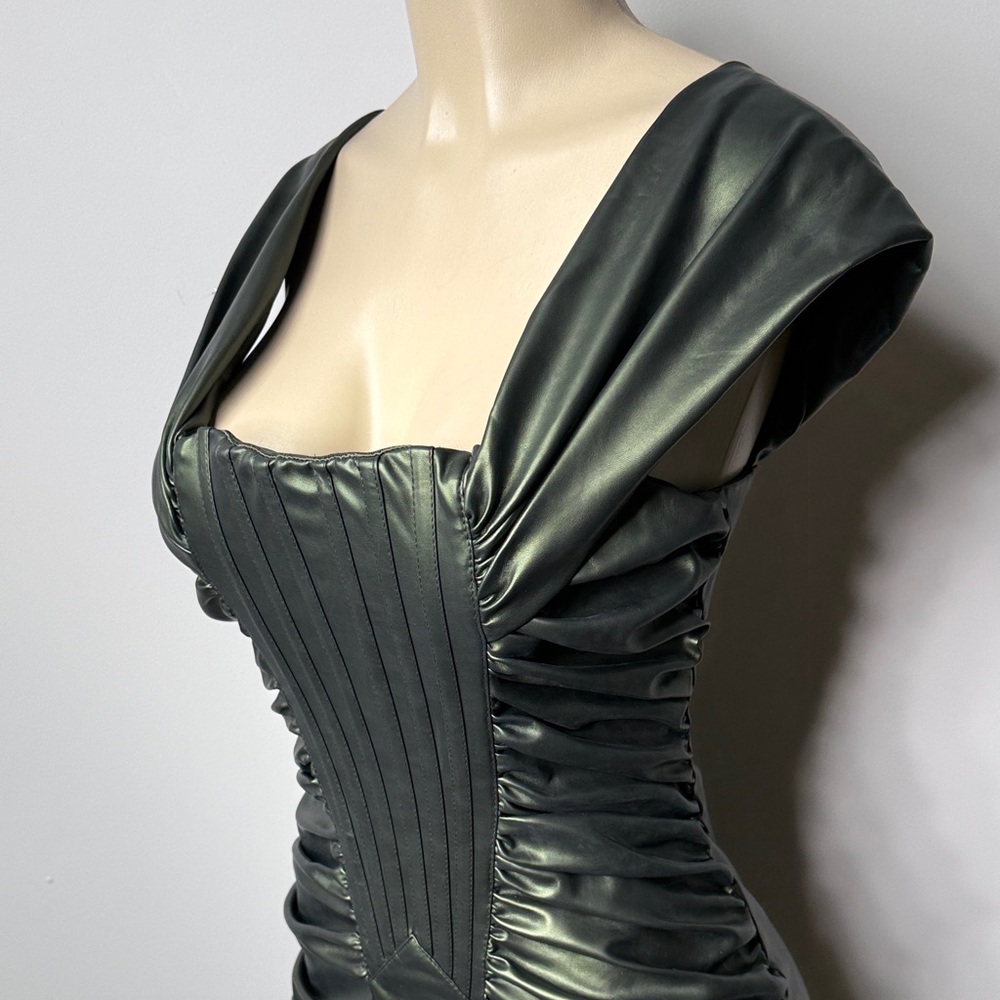 AKIRA Shimmering Dark Green Faux-Leather Ruched Mini Dress - Picture 4 of 9
